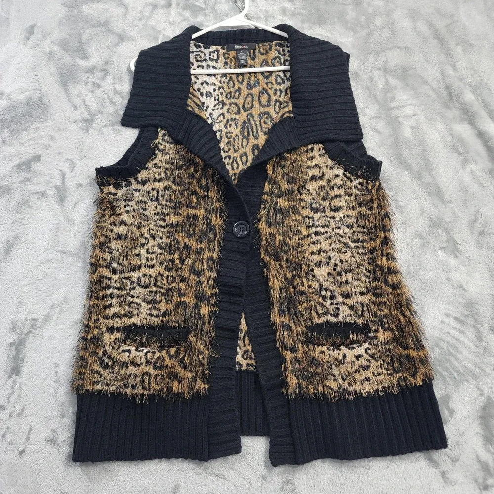 Style&Co Sweater Vest Womens L Brown Black Animal‎ Print Fuzzy Knit Shawl Collar